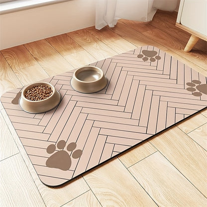1pc Quick-Dry Diatom Mud Pet Feeding Mat - Splash-Proof, Absorbent, Easy to Clean, Suitable for Dogs and Cats, Herringbone Pattern with Paw Print Design, Washable Pet Feeding Mat