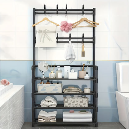 Clothes and Hat Rack, Freestanding Shoe Shelf with Sturdy Thick Metal Plastic Hooks – Space-Saving Modern Design for Shoes, Hats, and Clothes. Easy to Assemble for Living Room, Bedroom & Home Office, Hat Organizer, Home Org