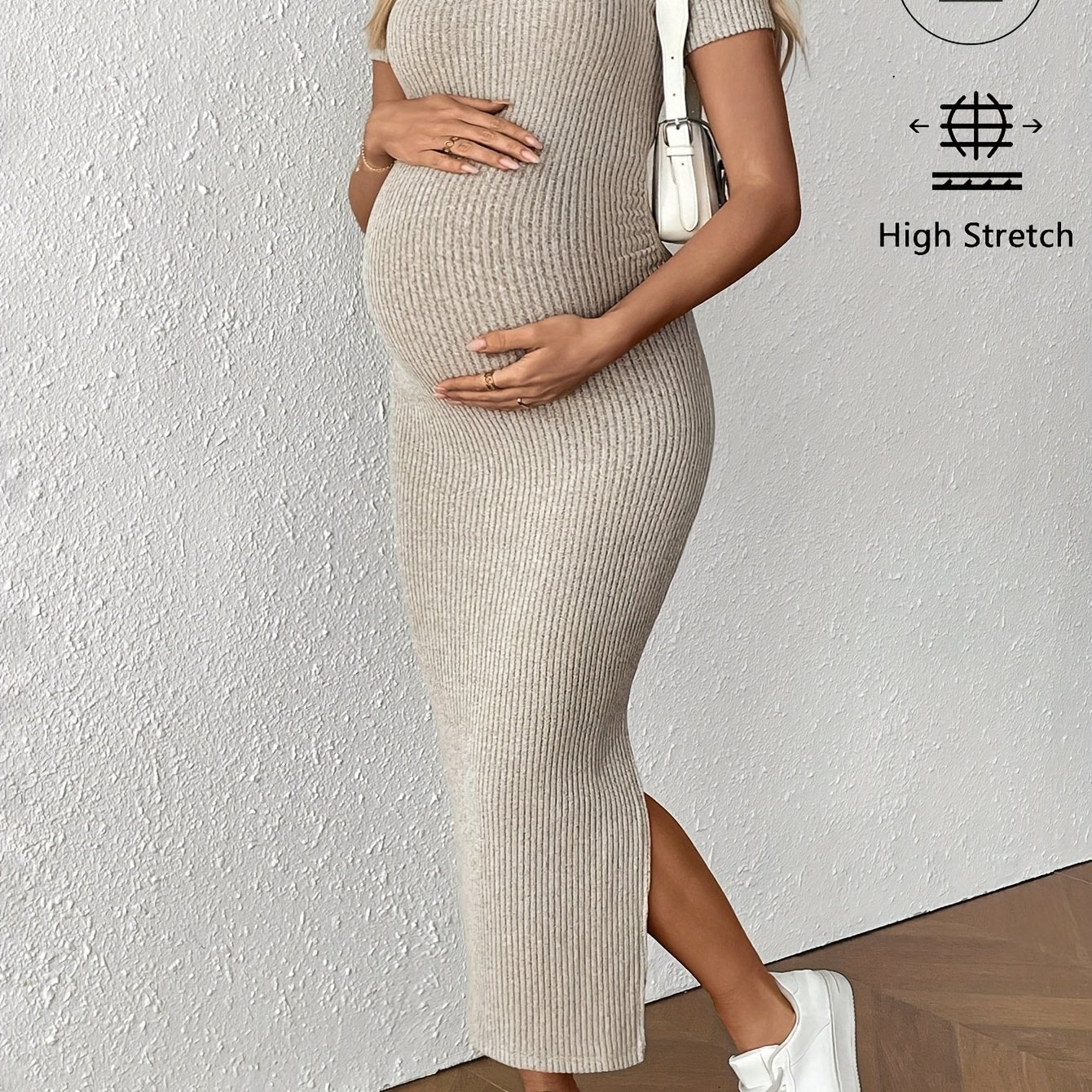 Maternity Bodycon Dress - Square Neck Short Sleeve Ruched Hem Stretchy Knit Pregnancy Dress for Women, Breathable Summer Casual Wear, Machine Washable Solid Color Regular Fit, Maternity Dresses, Comfortable Pregnancy Outfit,