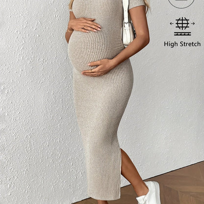 Maternity Bodycon Dress - Square Neck Short Sleeve Ruched Hem Stretchy Knit Pregnancy Dress for Women, Breathable Summer Casual Wear, Machine Washable Solid Color Regular Fit, Maternity Dresses, Comfortable Pregnancy Outfit,
