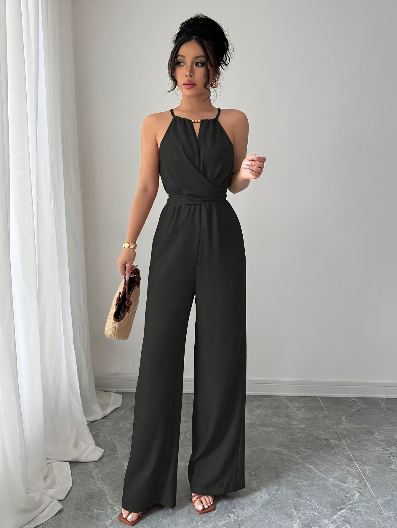 Women'S Elegant Off-Shoulder Twist Front Jumpsuit - Beige Wide-Leg Jumpsuit with Adjustable Waist Tie, Perfect for Spring & Summer Casual or Dressy Outfits, Casual Chic Wear | Offshoulder Fashion | Polyester Fabric