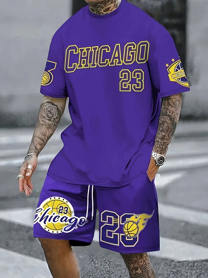 Men'S Trendy Round Neck Short Sleeve Shorts Set, 3D Digital Print High-Definition Pattern, Summer Casual Comfortable Vacation Sportswear