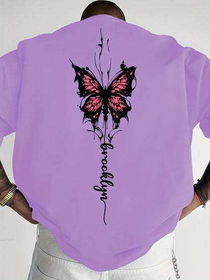 Men's Streetwear Graphic T-Shirt with Pink Butterfly & Brooklyn Letter Print - Loose Fit Casual Summer Tee, Breathable Round Neck Short Sleeve Shirt for Urban Fashion, Casual Attire, Streetstyle Tee, Relaxed Fit Top