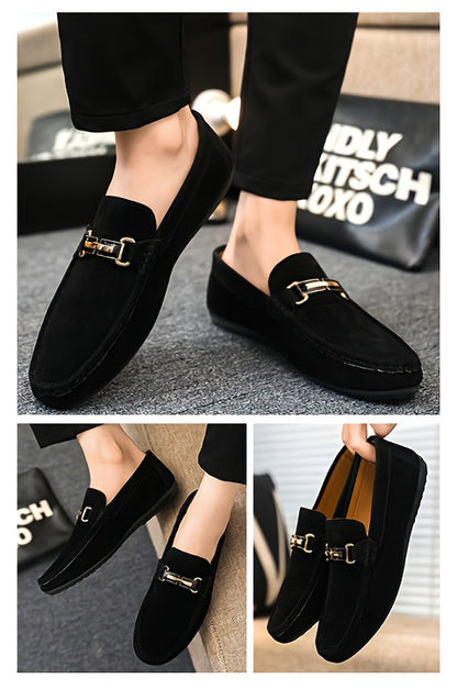 Men'S Slip-On Loafers - Black Faux Casual Shoes with Golden-Tone Buckle Straps, Round Toe & Non-Slip Rubber Sole for All-Season Comfort, Party & Casual Attire, Party Footwear, Sleek Shoe Design, Durable Footwear