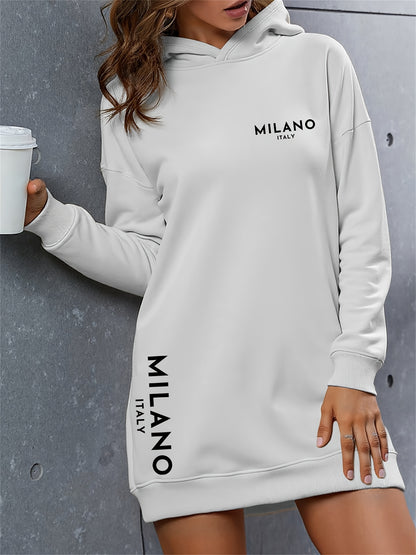 Milano Women'S Casual Hooded Sweatshirt Dress - Long Sleeve, Loose Fit, Thickened Letter Print Pullover with Round Neck, Perfect for Fall/Winter Fashion, Casual Wear Dress | Trendy Casual Style | Comfortable Wear