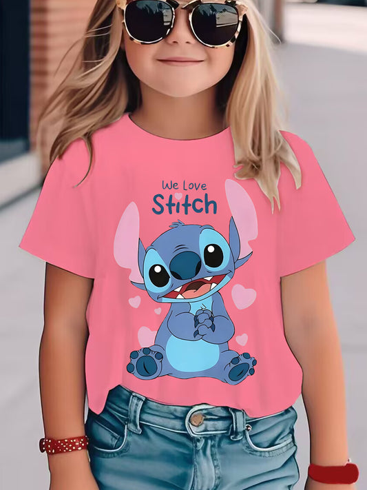 Youngsters' Stitch Cartoon Print T-Shirt - Pink Casual Summer Top with "We Love Stitch" Design, Soft & Breathable Knit Fabric, Round Neck, Machine Washable, Perfect for Youngsters' Playtime & Holidays, Youngsters'S Playtime S
