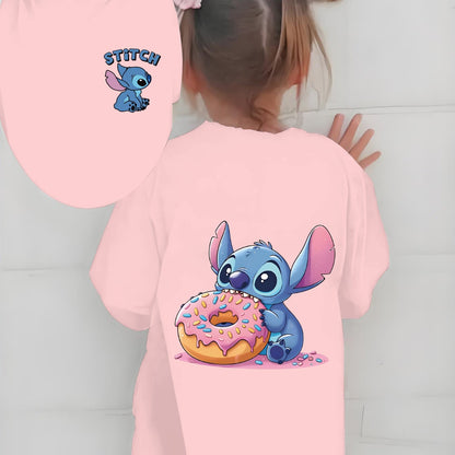 Cute Stitch Print Kids Short Sleeve Shirt 1-12Y Boys Girls Summer Outdoor Soft Fabric Breathable Top Perfect Birthday & Holiday Present