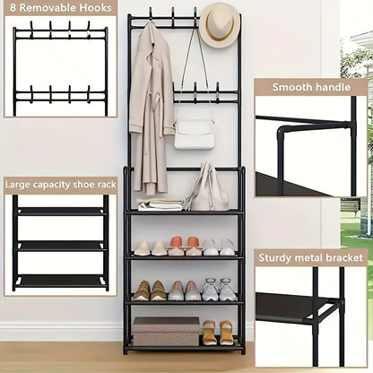 1pc Multi-Functional Entryway Organizer - Heavy-Duty Shoe Rack & Coat Hanger with Hooks, Space-Saving Hallway Storage Cabinet, Easy Assembly No Tools Needed, Sturdy Metal/Plastic Construction for Living Room, Bedroom, Office