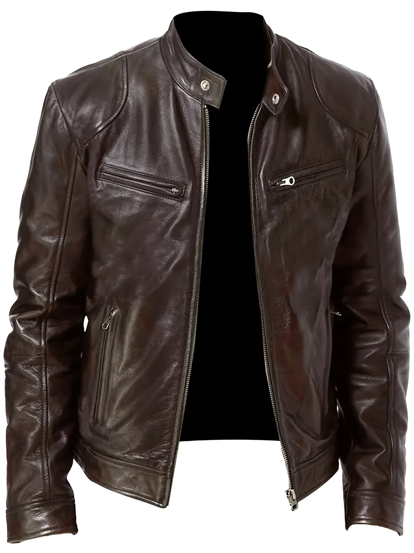 1pc Men'S Casual Faux Leather Jacket with Stand Collar, Solid Color Motorcycle Coat, Regular Fit with Pockets, Non-Stretch Woven Fabric - Spring/Fall Fashion Outerwear