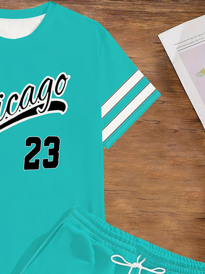 Summer Men's T-Shirt Set with Unique Digital Line Letter Print and Baseball Element Shorts Two-Piece Outfit