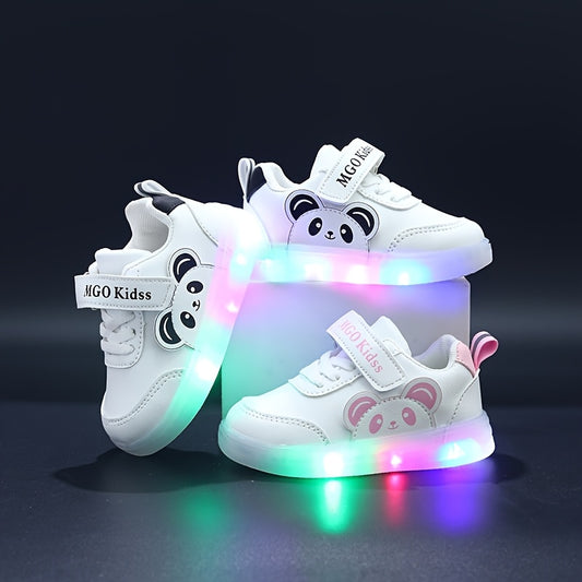 MGO Kidss Youngsters' Cute Panda Cartoon Sports Shoes with Glow-in-the-Dark Design - Fashionable Black and White Casual Sneakers, Easy to Wear for Boys and Girls | Panda Themed Athletic Footwear | PU Upper, Youngsters'S Footw