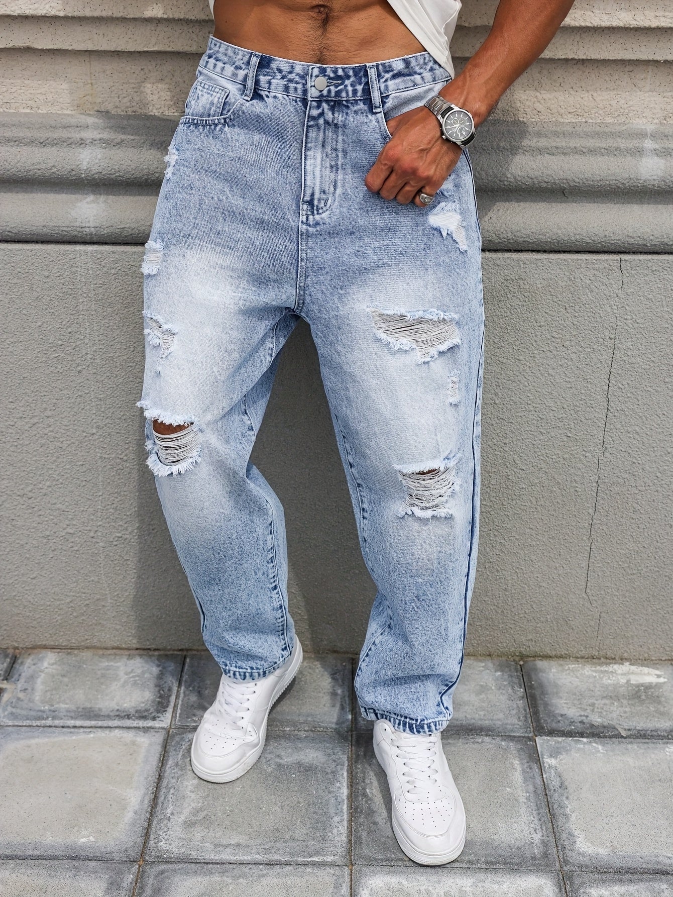 Men's Distressed Blue Denim Harem Pants - Loose Fit, Ripped Jeans with Raw Hem & Slant Pockets, Casual All-Season Wear (Belt/Accessories Not Included)