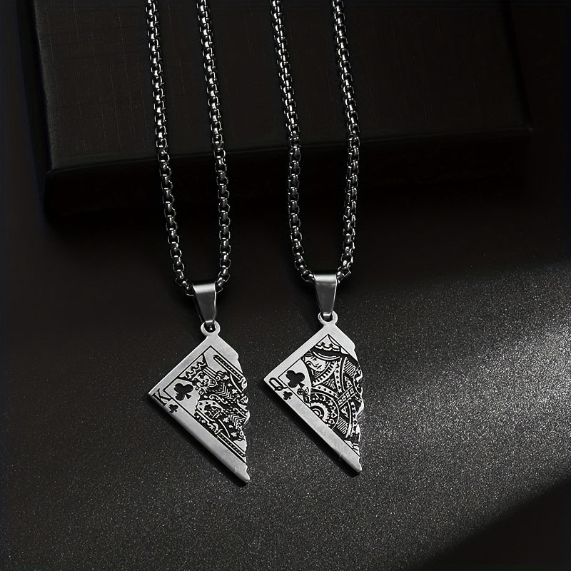 1pc Stainless Steel Half-Heart Playing Card Pendant Necklace - Punk Gothic Style Intricate Spade & Heart Design Durable Unisex Jewelry Gift for Men Women, Heart Pendant Necklace, Statement Accessory, Polished Metallic Finish