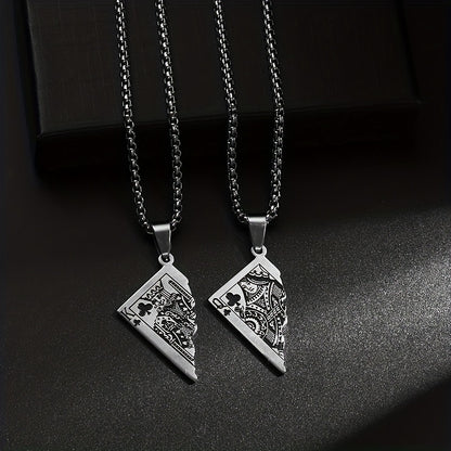 1pc Stainless Steel Half-Heart Playing Card Pendant Necklace - Punk Gothic Style Intricate Spade & Heart Design Durable Unisex Jewelry Gift for Men Women, Heart Pendant Necklace, Statement Accessory, Polished Metallic Finish