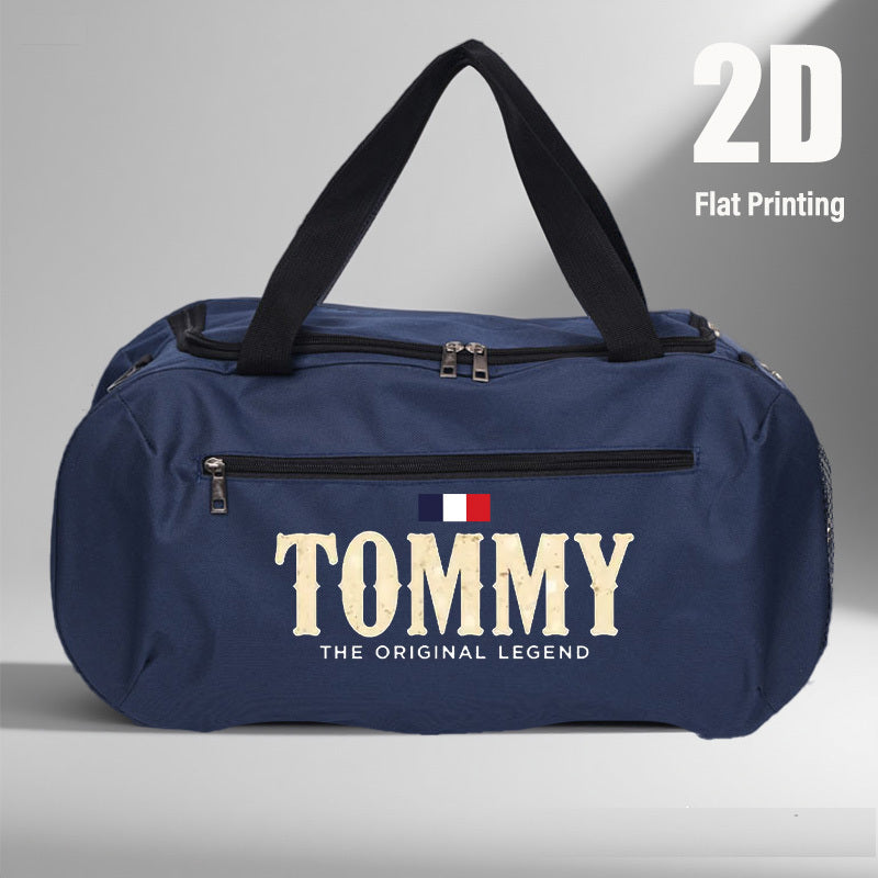 1pc Tommy Logo Print Large Duffel Bag for Men - Heavy-Duty Gym & Travel Sports Bag with Shoe Compartment, Wet/Dry Pocket, Adjustable Strap - Iconic Branding (Tommy-Legends Design) - Casual Carry-On for Athletes & Weekend Geta