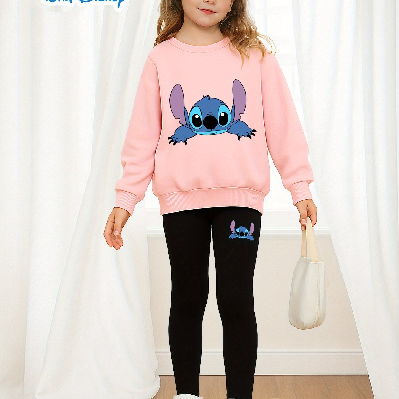 2pcs Disney Girls' Lilo & Stitch Print Sweatshirt and Leggings Set - Soft Stretchy Crewneck Outfit with Cartoon Character Design, All-Season Machine Washable Casual Wear for Ages 5-12, Everyday 's Clothing, Playtime Clothes,
