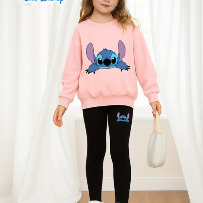 2pcs Disney Girls' Lilo & Stitch Print Sweatshirt and Leggings Set - Soft Stretchy Crewneck Outfit with Cartoon Character Design, All-Season Machine Washable Casual Wear for Ages 5-12, Everyday 's Clothing, Playtime Clothes,