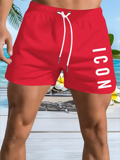 Men'S Quick-Dry Beach Shorts - Breathable, Sun-Protective Lightweight Running & Hiking Shorts with "ICON" Geometric Print, Elastic Waistband, Side Pockets, Casual Outdoor Activewear, Beach Shorts