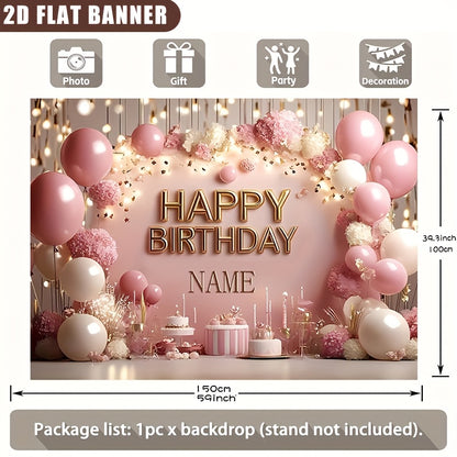 2D Flat, 1pc Customizable Princess-Themed Birthday Party Banner - Sparkling Pink Floral & Cake Design, Vinyl Inkjet Print, Personalized Name Option, Perfect for Wall Decor & Event Signage, Birthday Party Decorations
