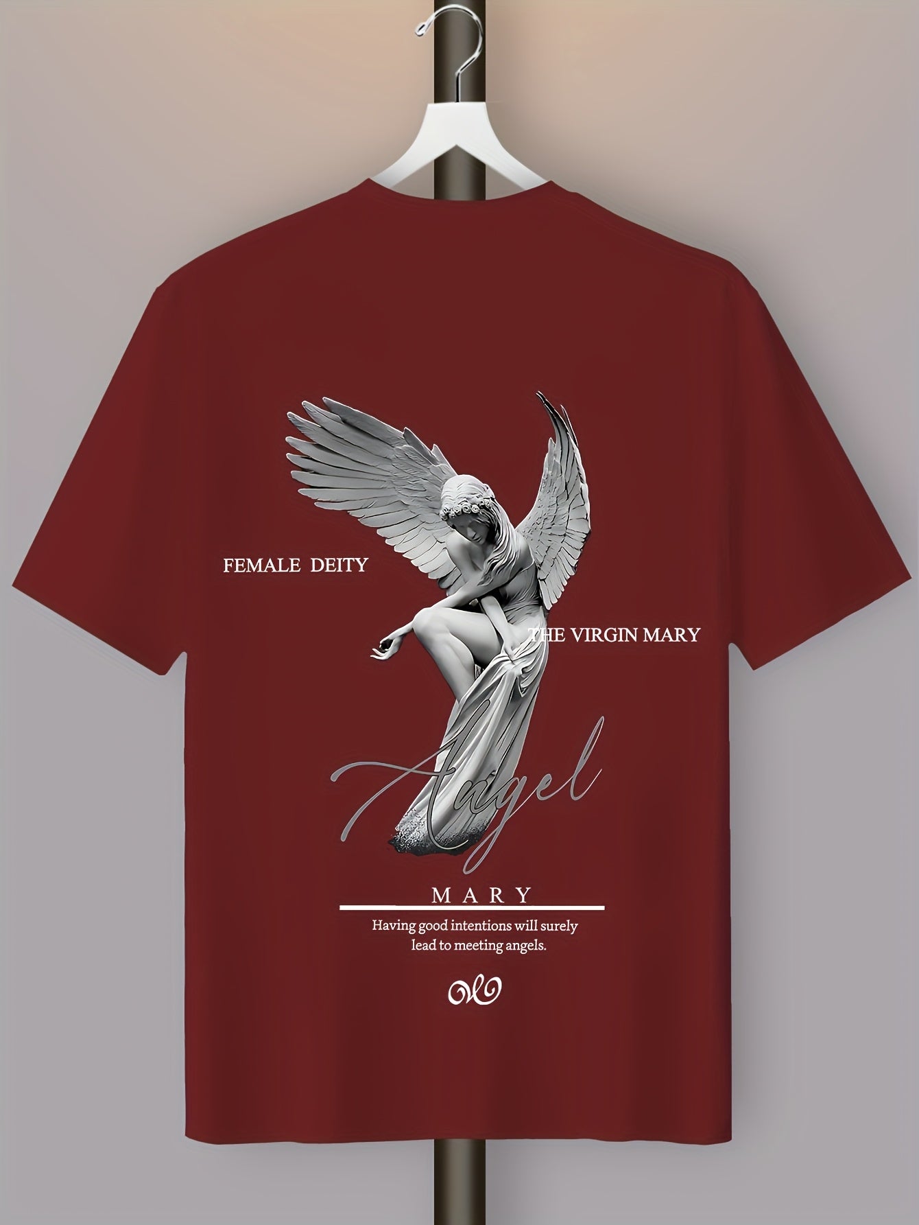 Men'S Casual Street Style Angel Graphic T-Shirt - "Female Devity" Print, Loose Fit, Polyester Blend, Summer Essential, Textured Look, Black with White Design, Short Sleeve, Round Neck, Perfect for Casual Attire, Everyday Tshi