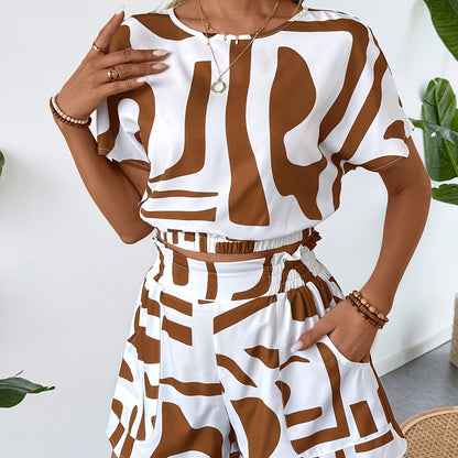 Women'S Elegant Geometric-Patterned Suit with Applique Details - White and Brown, Spring/Summer Collection, Includes a Blazer, Blouse, and Shorts, Casual Attire|Geometric Pattern|Woven Fabri