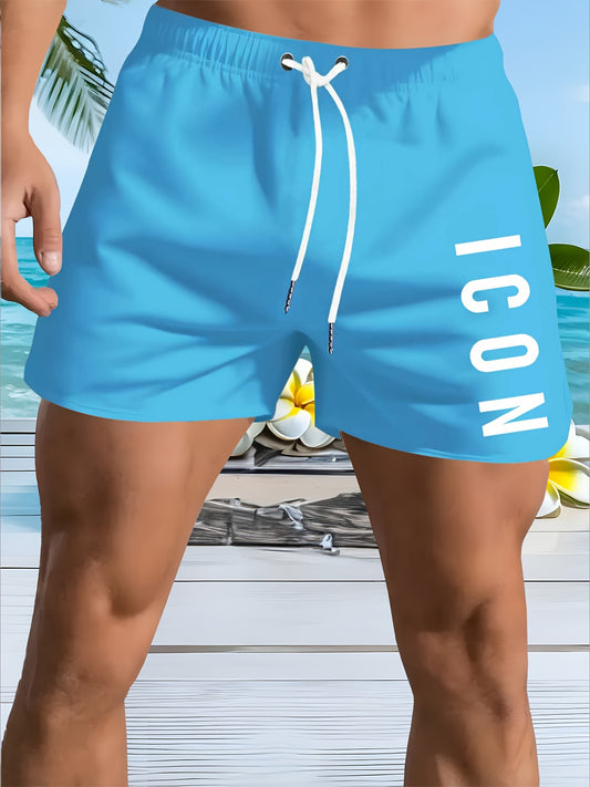Men'S Quick-Dry Beach Shorts - Breathable, Sun-Protective Lightweight Running & Hiking Shorts with "ICON" Geometric Print, Elastic Waistband, Side Pockets, Casual Outdoor Activewear, Beach Shorts