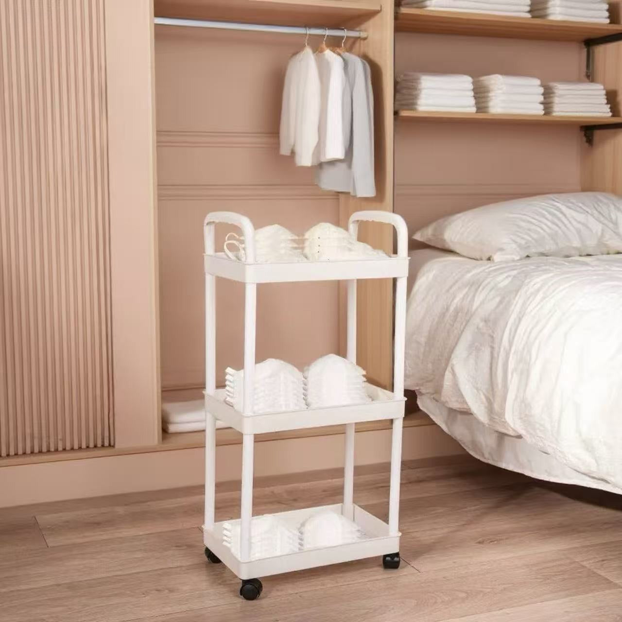 4/3/5-Tier Rolling Cosmetic Organizer - Durable Plastic Material, 360° Swivel Wheels, High Load Capacity for Bathroom, Bedroom, Kitchen & Home Organization | Black or White Options | Multifunctional Storage Cart with Side Ha