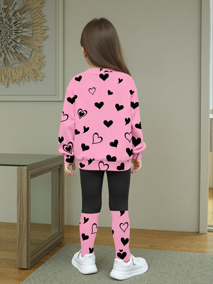 Girls' Spring/Autumn Heart Print Round Neck T-Shirt + Casual Patchwork Pants Cute Cat Pattern Two-Piece Set