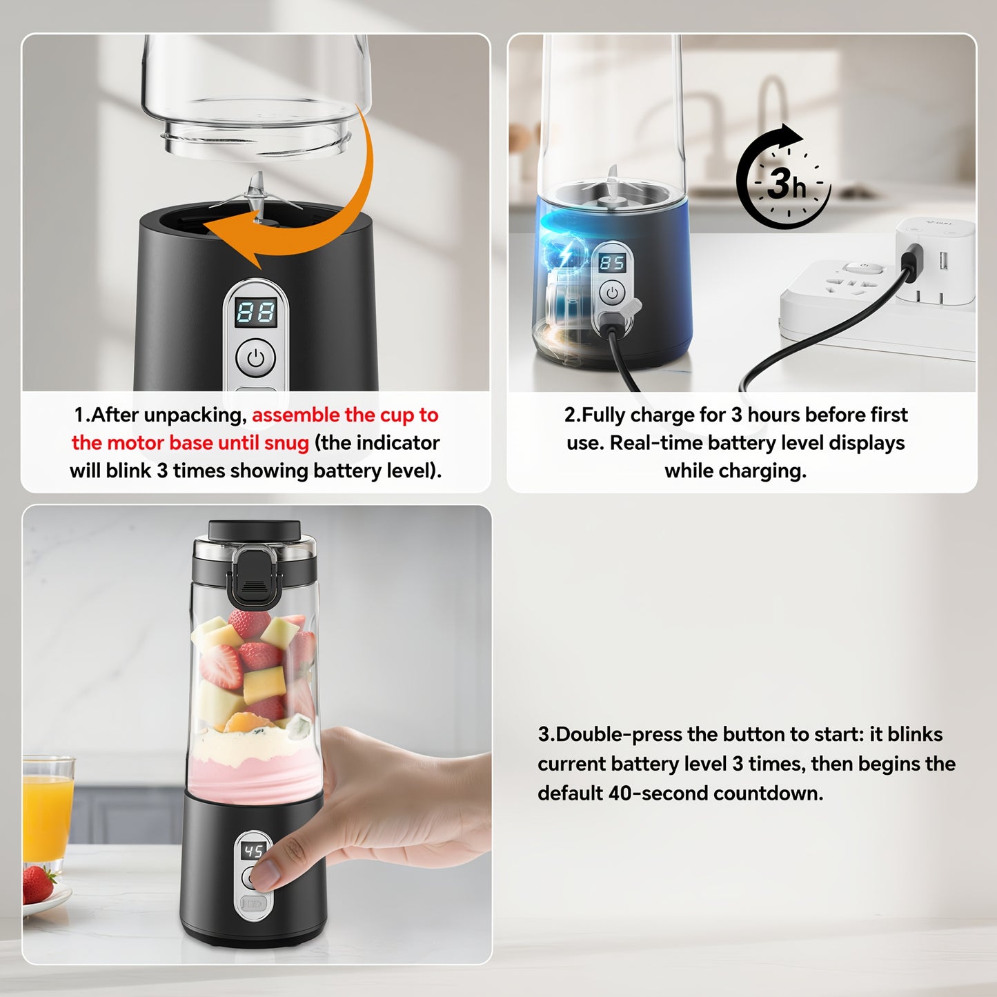 USB Rechargeable Portable Blender with Digital Timer Display, 10-Cup Capacity, Detachable & Easy-Clean Design for Smoothies, Juices, Protein Shakes - Ideal for Gym, Travel, Home Use, Smoothie Blender Portable, Juice Preparati