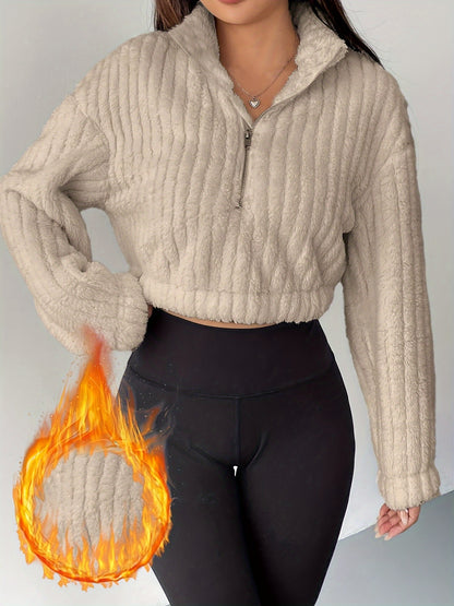 Women's Elegant Off-Shoulder Half-Zip Fleece Sweatshirt - Cozy Warm Crop Top with Ribbed Detail, Long Sleeves for Fall & Winter, Beige