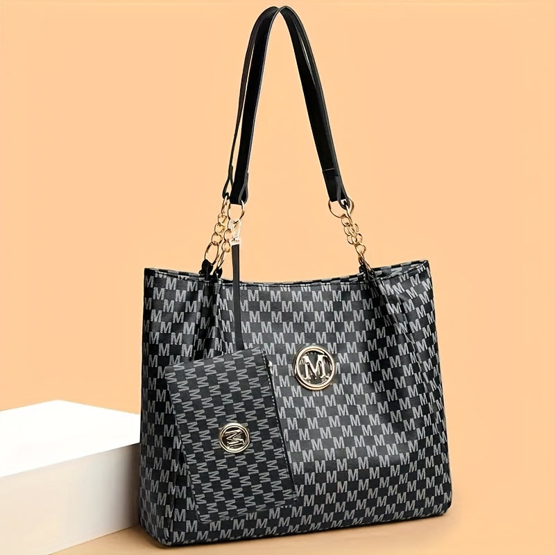 2pcs Women's Vintage Shoulder Bag Set, Large Capacity Tote Bag with Fixed Shoulder Strap, Synthetic, Zipper Closure, Polyester Lining, Lightweight, Random Print Design, Perfect for Daily Commuting and Carrying Cell Phones,