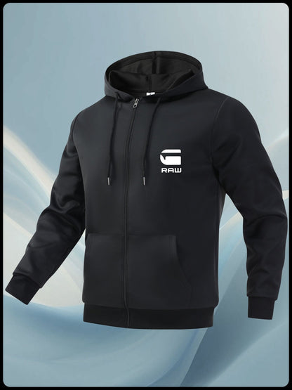 Men'S Casual Hooded Jacket with "RAW" Graphic Print - Light Gray Zip-Up Coat, Polyester Lining, Regular Fit, Front Pockets, Casual Outerwear | Trendy Casual Jacket | Polyester Lined Interior