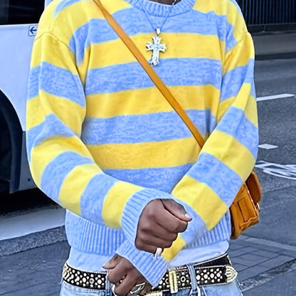Unisex Streetwear Loose Fit Striped Knit Sweater - Long Sleeve Round Neck All-Season Casual Pullover with Yellow & Blue Horizontal Stripes, Hand Wash Only