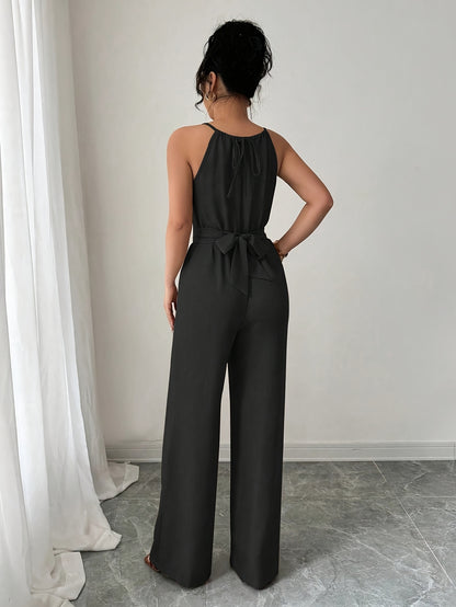 Women'S Elegant Off-Shoulder Twist Front Jumpsuit - Beige Wide-Leg Jumpsuit with Adjustable Waist Tie, Perfect for Spring & Summer Casual or Dressy Outfits, Casual Chic Wear | Offshoulder Fashion | Polyester Fabric