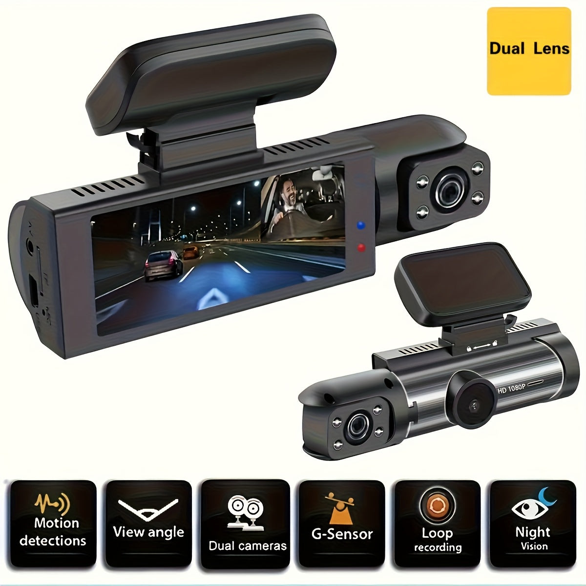 ZKCAMSPY Dual Dash Cam 1080P Front & 720P Rear, 8.03cm HD Night Vision, Loop Recording, G-Sensor, Wide Angle, 27.5FPS, 5V Car Plug, Rechargeable Lithium Polymer, Adhesive Mount, PC Compatible, Universal Driving Position - No