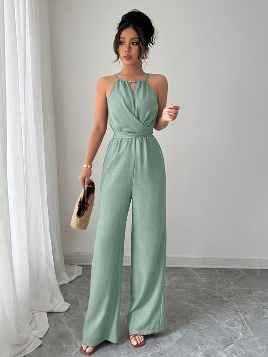 Women'S Elegant Off-Shoulder Twist Front Jumpsuit - Beige Wide-Leg Jumpsuit with Adjustable Waist Tie, Perfect for Spring & Summer Casual or Dressy Outfits, Casual Chic Wear | Offshoulder Fashion | Polyester Fabric