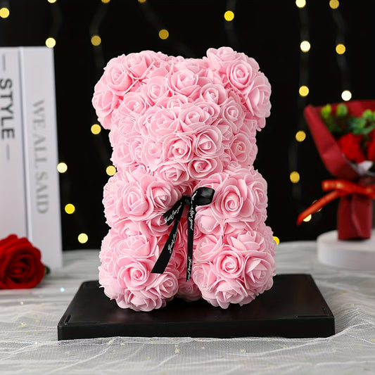 Charming Rose Bear - Perfect Valentine's Day & Anniversary Gift, 22.86cm Artificial Flower Teddy Bear for Home Decor