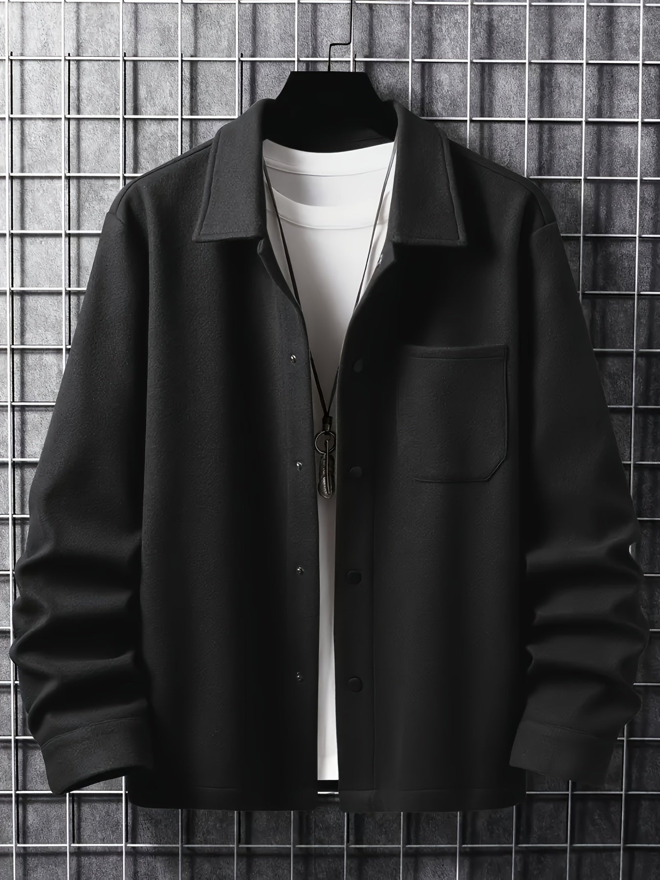 Men's Casual Button-Up Jacket with Front Pocket and Turn-Down Collar, Solid Color, PLUS SIZE