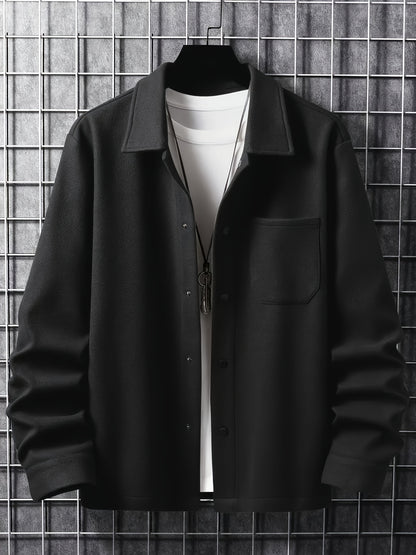 Men's Casual Button-Up Jacket with Front Pocket and Turn-Down Collar, Solid Color, PLUS SIZE