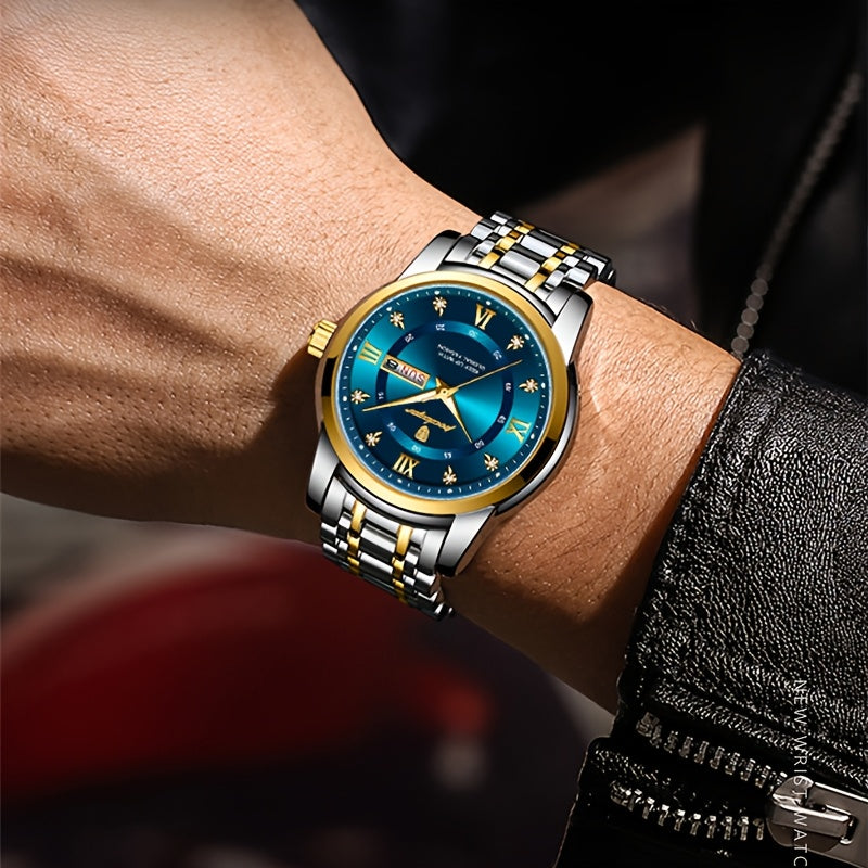 1pc Men's Fashion Stainless Steel Quartz Watch with Date Function, Rhinestone Accents, Luminous Hands, Round Dial - Casual Style, Battery Powered, Water Resistant, Ideal Gift for Birthdays and Anniversaries