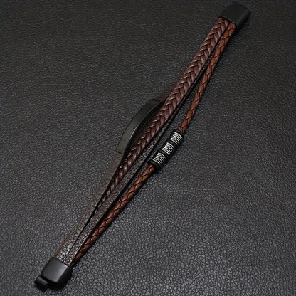 New Hot Selling Men's Vintage Hand-woven Multi-layer Beaded Alloy Magnetic Buckle PU Men's Bracelet
