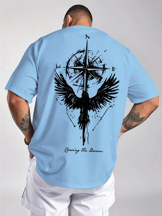 Men'S Summer Short Sleeve T-Shirt with Bold Eagle & Compass Print - Light Blue Casual Round Neck Tee, Comfortable Stretch Fabric for Casual Attire, Everyday Tshirt | Bold Graphic Tee | Comfortable Fit