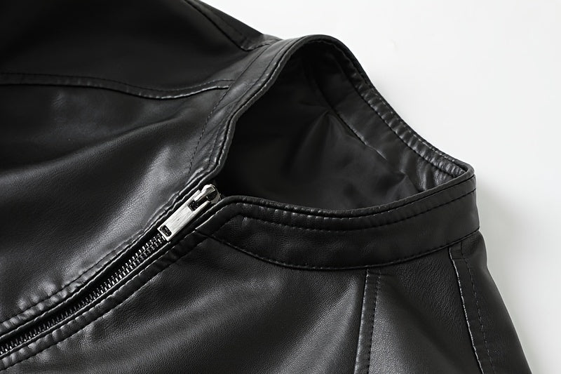 Men's Slim-Fit High Quality Windproof PU Leather Motorcycle Jacket - Vintage Bomber Style with Stand Collar, Ribbed Cuffs & Adjustable Drawstring, Softshell Casual Biker Outerwear, Casual Outerwear | Vintage Bomber Jacket | D