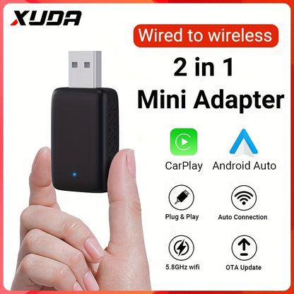 2-in-1 Wireless CarPlay & Android Auto AI Box, Compatible with 99% Original Cars – Wired to Wireless Conversion (2.4~5.0 GHz WiFi5), Stylish and Portable for iPhone iOS 10+ / Android 11+ Devices