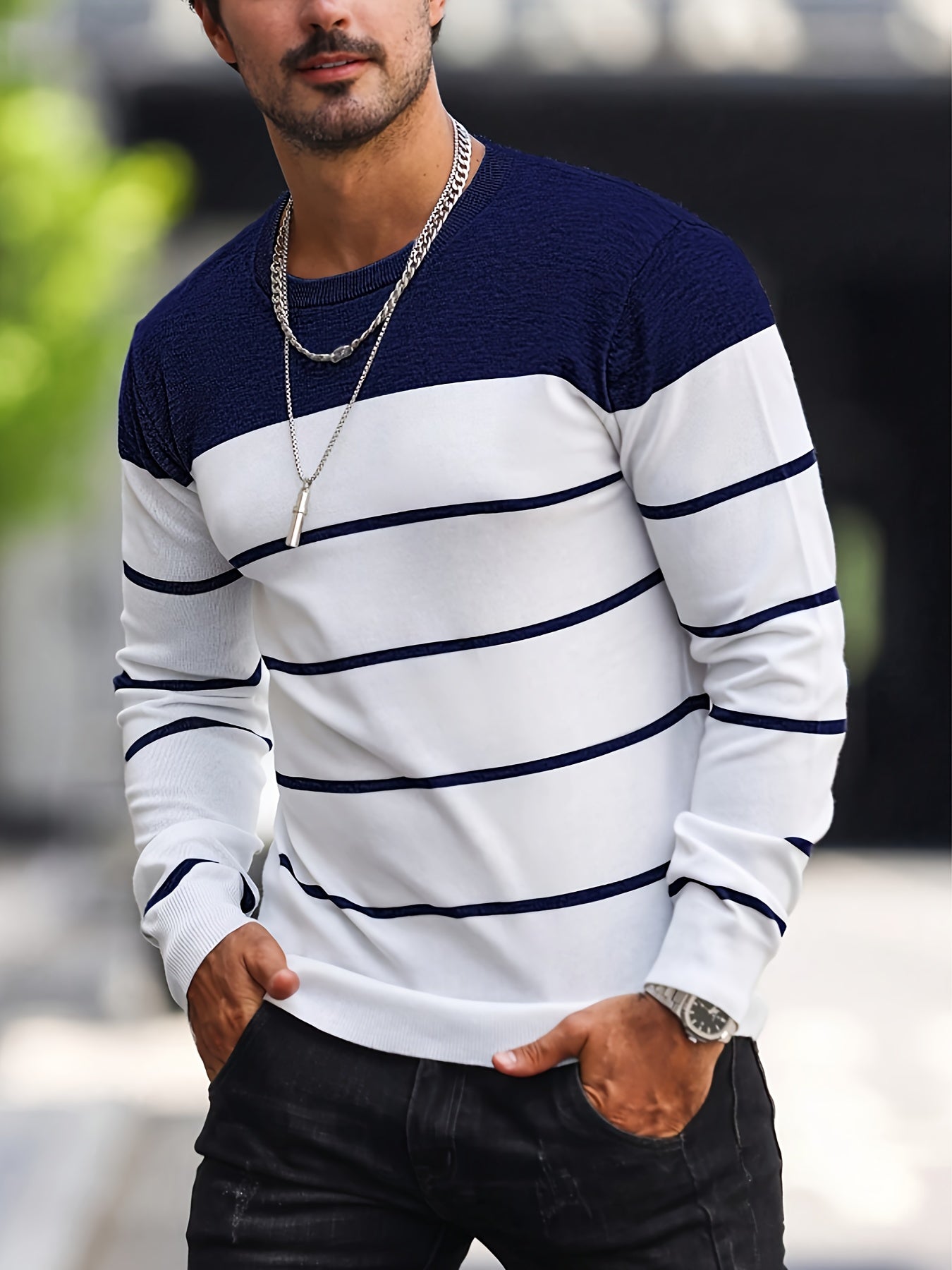 Men's Casual Striped Knit Pullover Sweater - Navy & White Contrast, Regular Fit H-Silhouette, Long Sleeve Crew Neck, Medium Stretch, Machine Washable for Spring & Fall, Mediumstretch Fabric