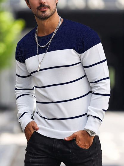 Men's Casual Striped Knit Pullover Sweater - Navy & White Contrast, Regular Fit H-Silhouette, Long Sleeve Crew Neck, Medium Stretch, Machine Washable for Spring & Fall, Mediumstretch Fabric