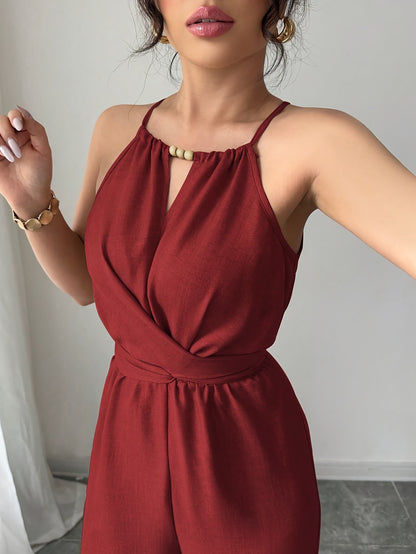 Women'S Elegant Off-Shoulder Twist Front Jumpsuit - Beige Wide-Leg Jumpsuit with Adjustable Waist Tie, Perfect for Spring & Summer Casual or Dressy Outfits, Casual Chic Wear | Offshoulder Fashion | Polyester Fabric