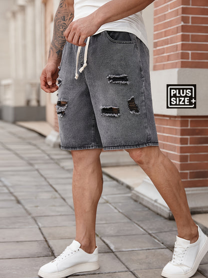 Men's Big & Tall Jeans Shorts - Non-Stretch Heavy-Duty Jeans Fabric, Drawstring Waistband, Loose Fit Casual Pants for Everyday & Formal Outfits - Machine Washable Denim Shorts, Relaxed Style, Distressed Look, Sturdy Construct