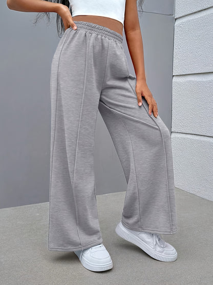 Children'S Light Gray Wide-Leg Casual Pants - Comfortable Elastic Waistband, Straight-Leg Design, Perfect for Spring & Fall Outdoor Activities, Everyday Comfort Pants | Wideleg Pants | Smooth Texture Pants, for Outdoor