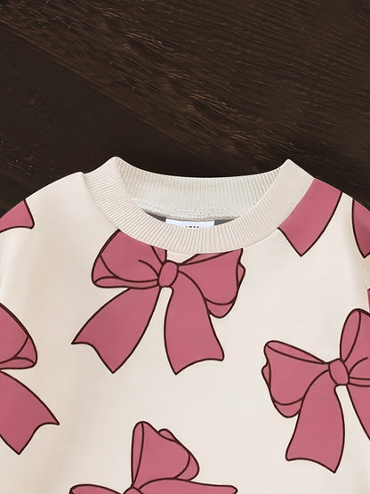 Suitable for Autumn - Girls' 0-3 Years Old - Round Neck Long Sleeve Bow Print Sweatshirt and Pants, Light Beige-Friendly Comfortable Warm Fashion Baby Outfit 2pcs Set Perfect for Parties and Outdoor Occasions, for Outdoor